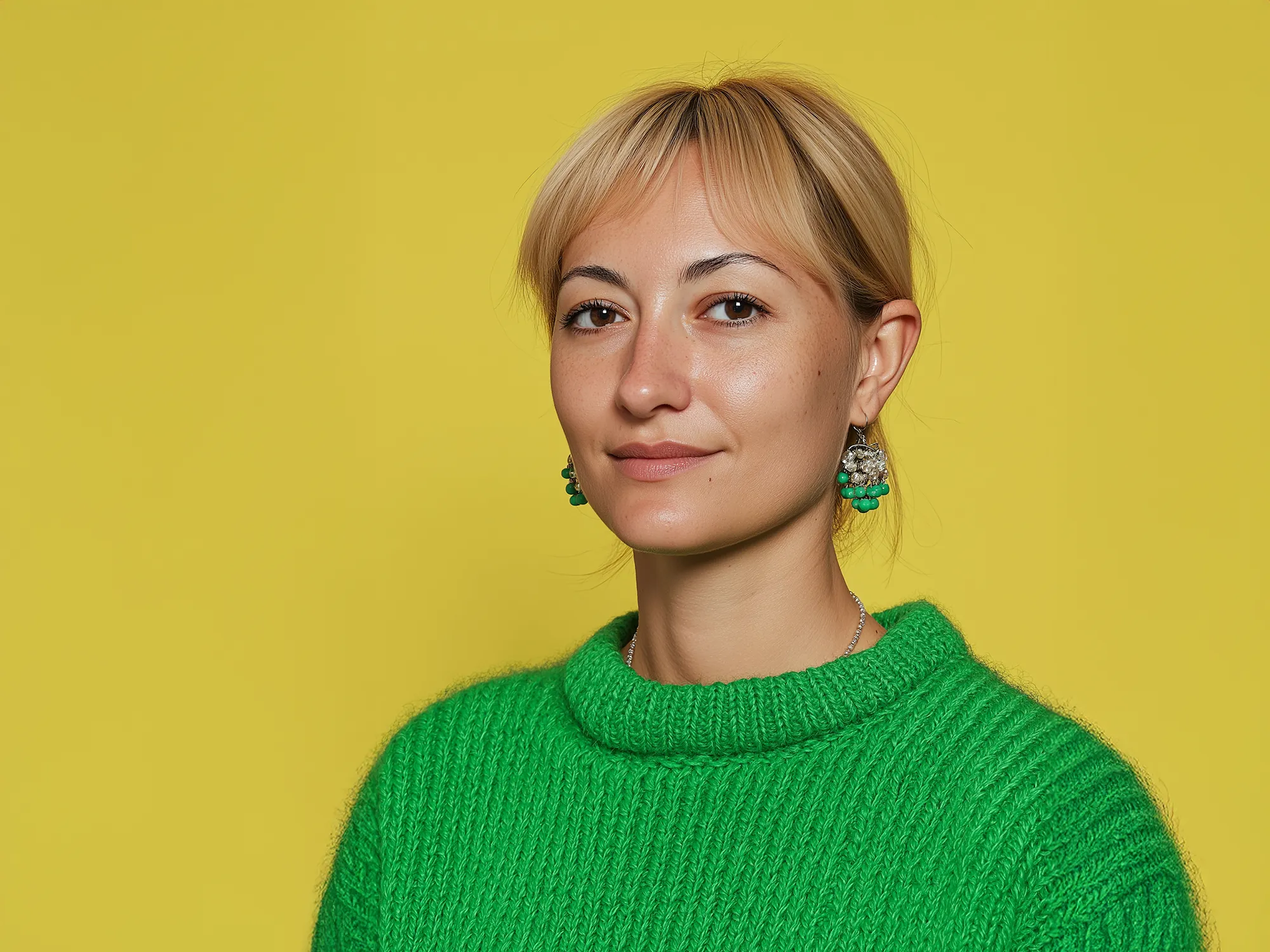 Portrait of a woman with blonde hair wearing a green knitted sweater and green beaded earrings against a yellow background.