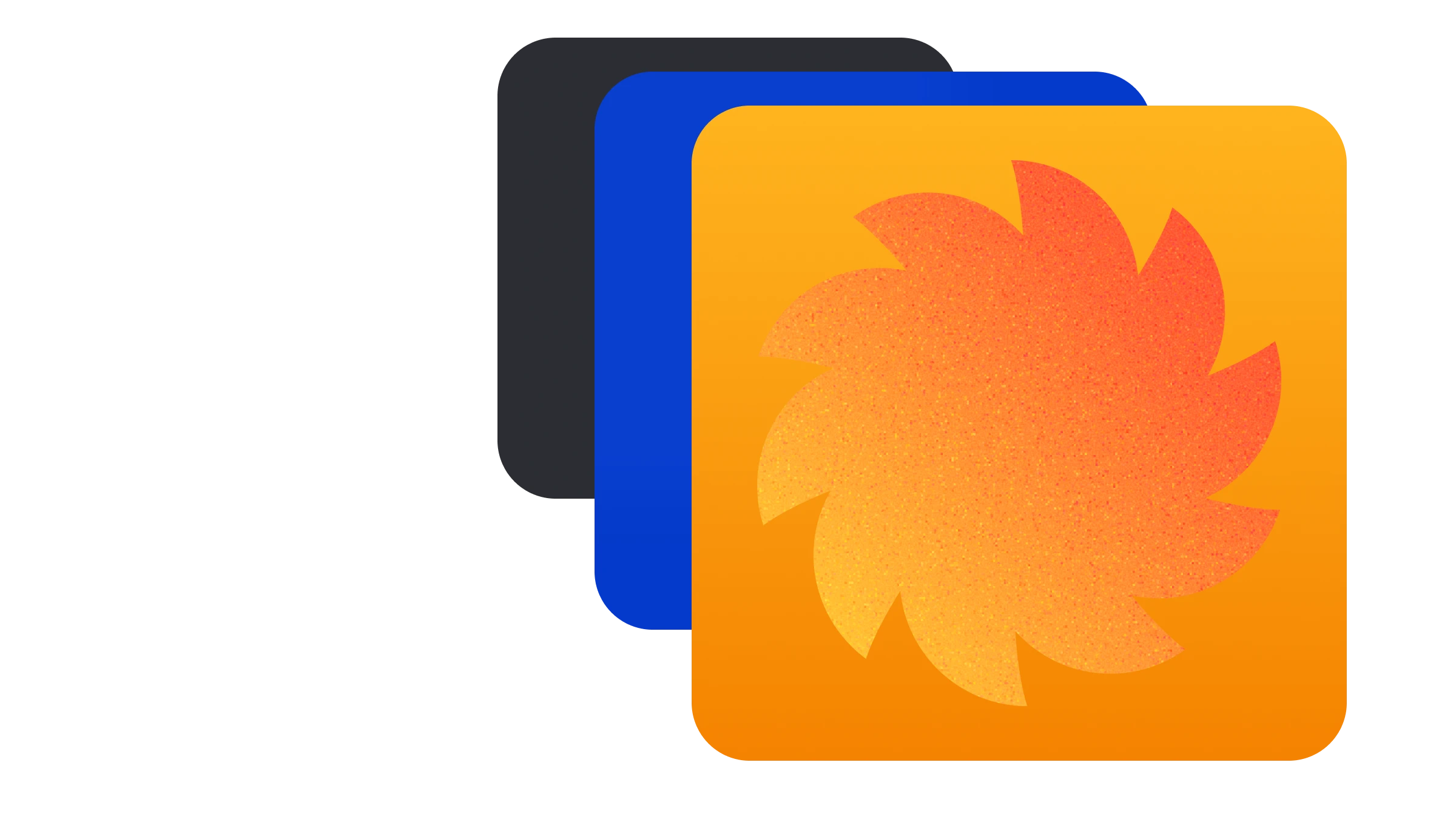 Three overlapping rounded square icons in black, blue, and orange, with an orange stylized sun shape on the front icon.