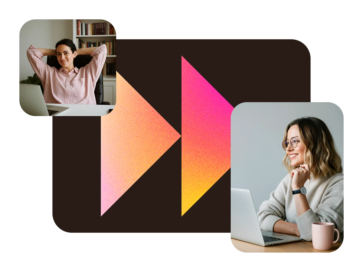 Two women using laptops, one reclining with hands behind head and the other sitting smiling beside a pink mug, separated by gradient arrow shapes.