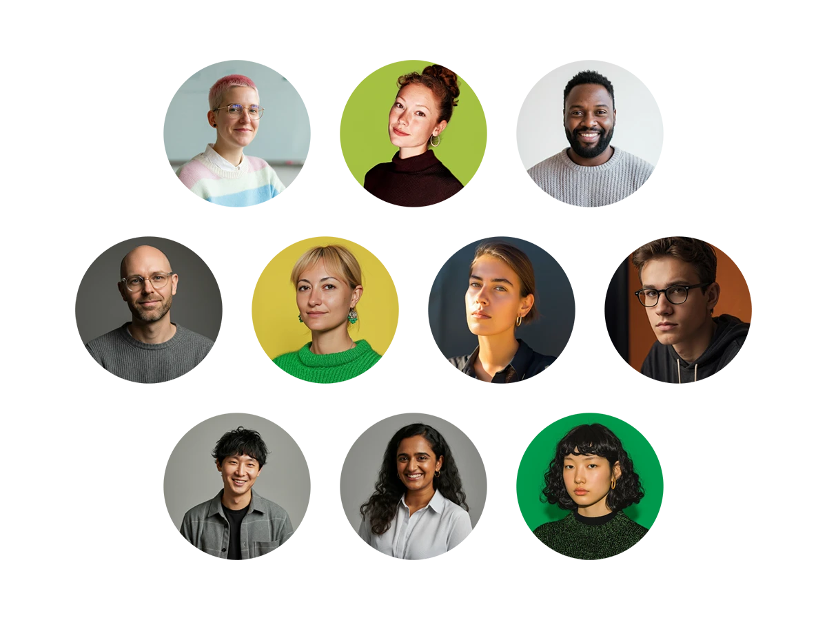 Portraits of nine diverse smiling adults in casual attire arranged in three rows on white backgrounds with colored circular halos behind some of them.