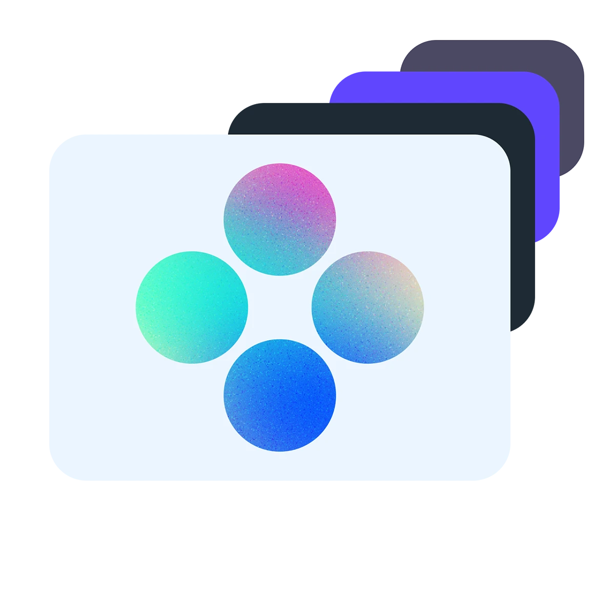 Four overlapping semi-transparent tabs with a central arrangement of four gradient-colored circles in blue, purple, and teal hues.