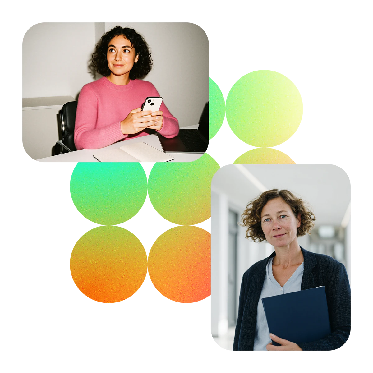 Top left: Woman with curly dark hair wearing a pink sweater, holding a phone and sitting at a desk with notebook and laptop. Bottom right: Woman with short curly hair wearing a dark blazer over a light shirt, holding a blue folder in a bright hallway.