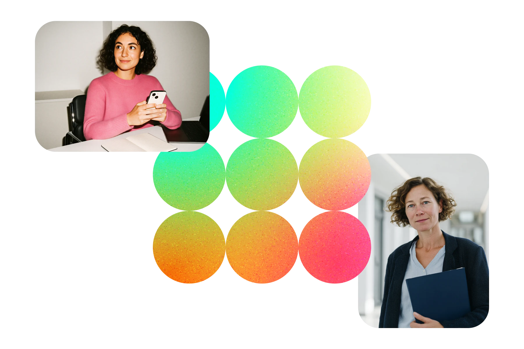 Two women, one sitting at a desk holding a smartphone and looking to the side, and another standing in a hallway holding a folder and looking at the camera.