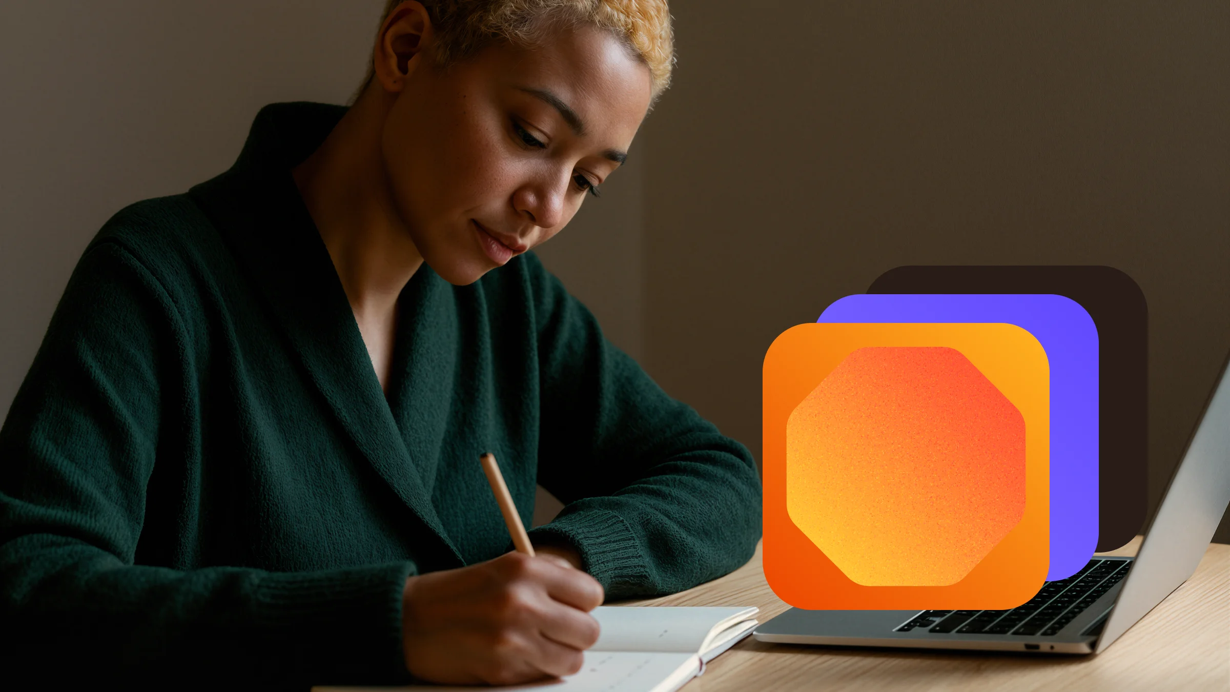 Person with short blond hair writing in a notebook at a desk with a laptop and colorful abstract shapes overlay.