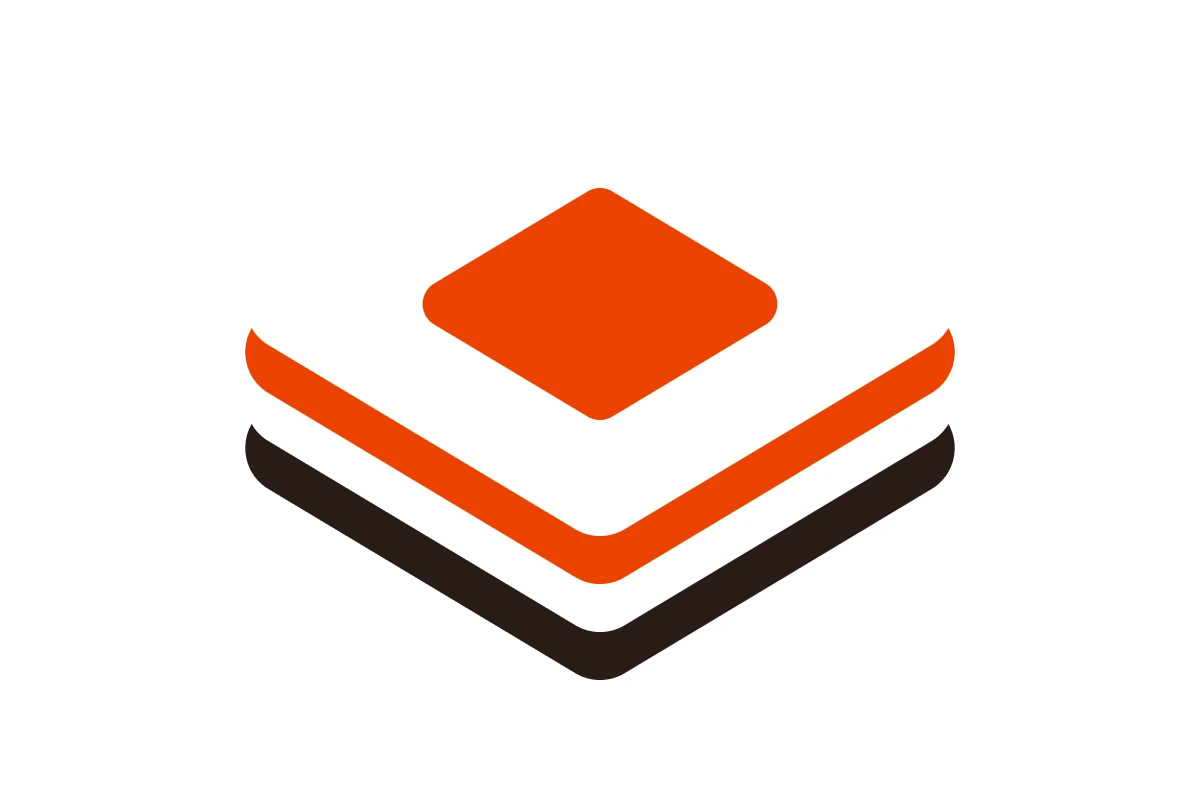 Three-layered abstract geometric shape with a red diamond on top, white middle layer, and black bottom layer.