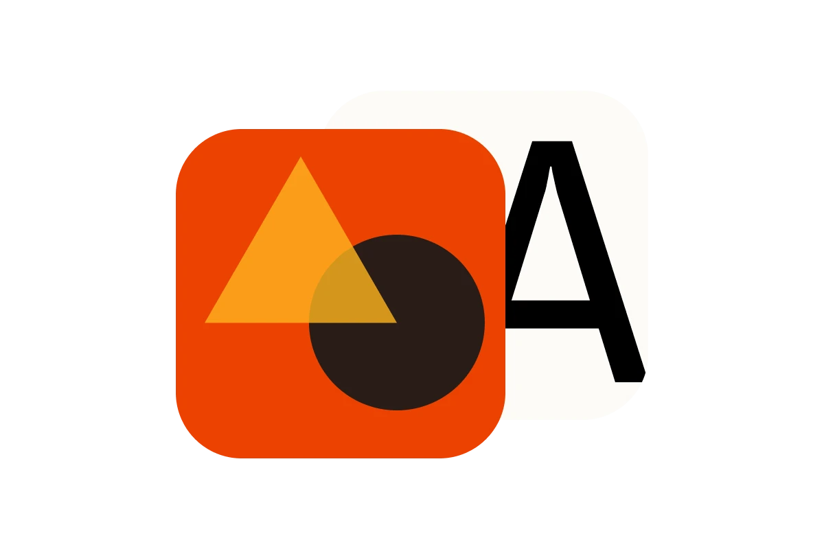 Orange rounded square with an overlapping yellow triangle and dark circle on a white background partially obscuring a black letter 'A'.