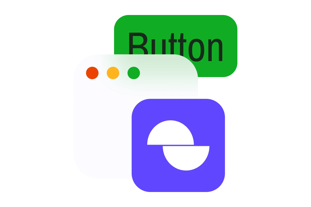 Browser window icon with three colored circles and a green button labeled 'Button' next to a purple rounded square with a white abstract symbol.