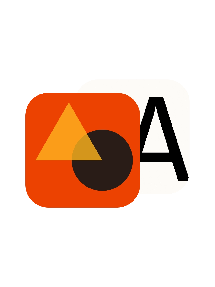 Overlapping orange and white app icons, one with an orange triangle and black circle, the other with a black letter A.
