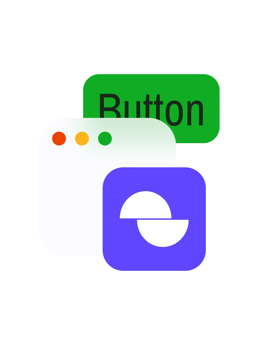 Illustration featuring a stylized computer window with red, yellow, and green circles, a green button labeled 'Button,' and a blue square with a white abstract geometric shape.