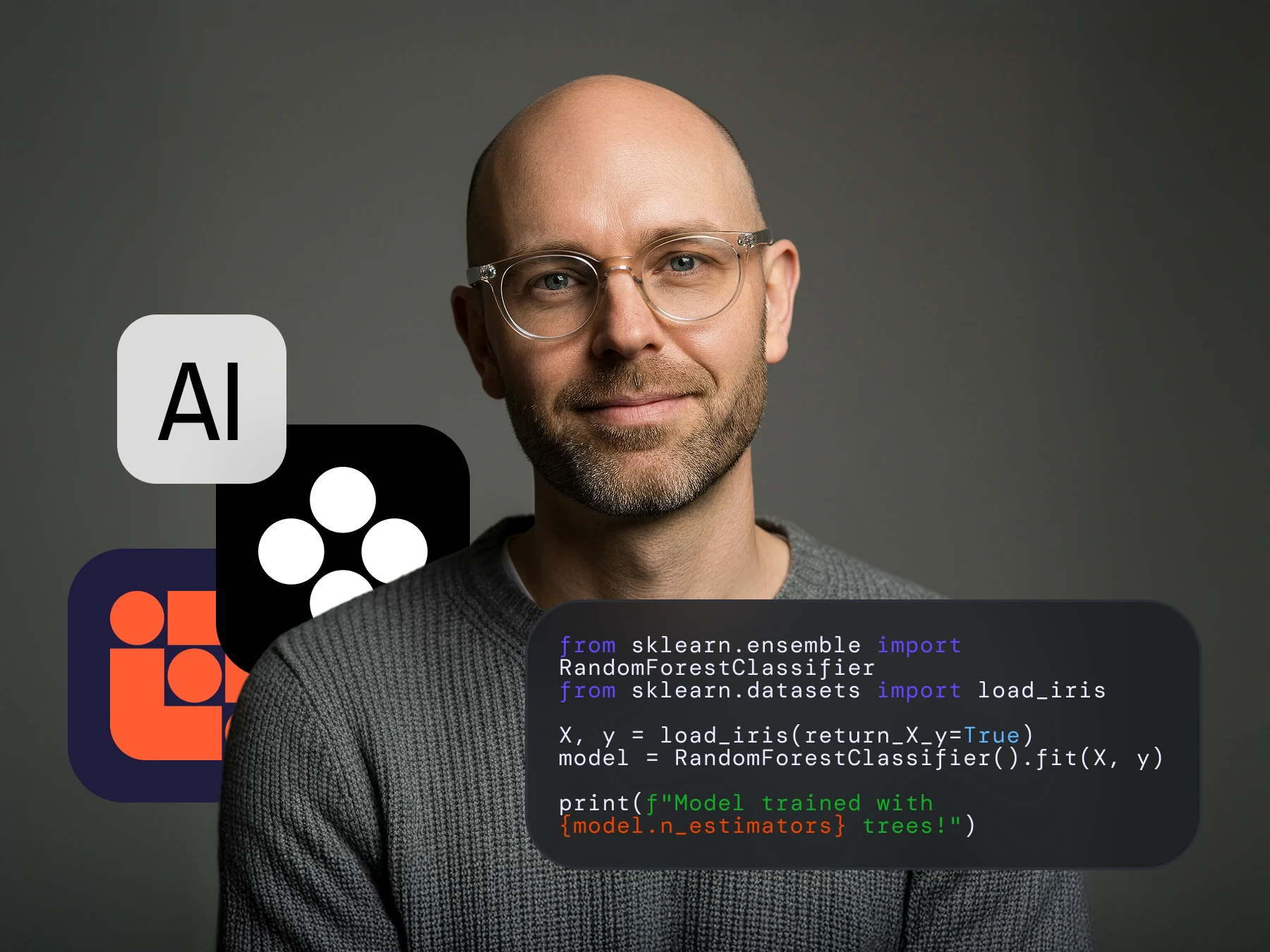 Smiling bald man with glasses in gray sweater with AI and machine learning icons and Python code snippet for training a RandomForestClassifier on the iris dataset.
