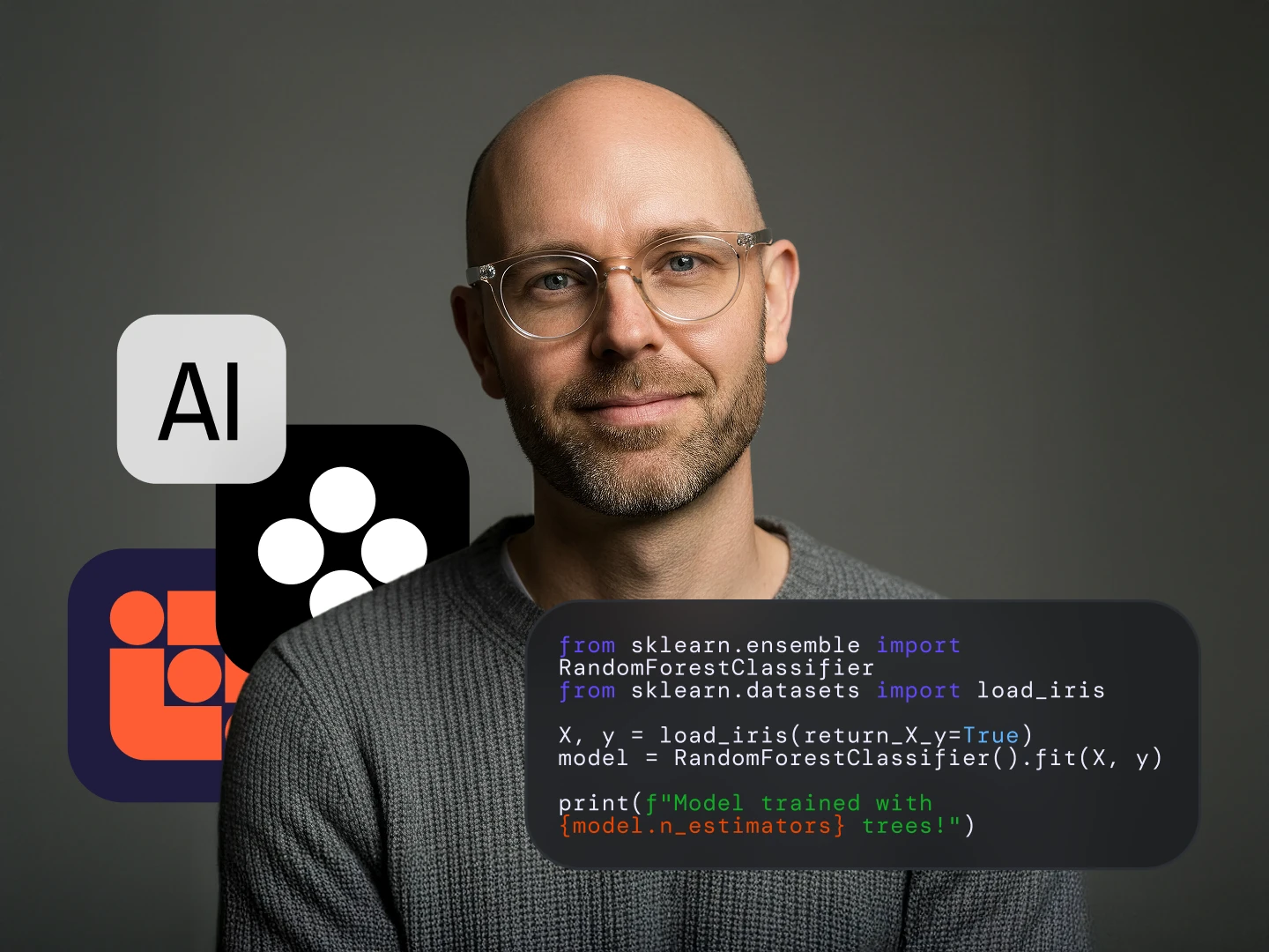 Smiling bald man with glasses wearing a gray sweater with AI-related app icons and Python code for training a RandomForestClassifier overlayed.