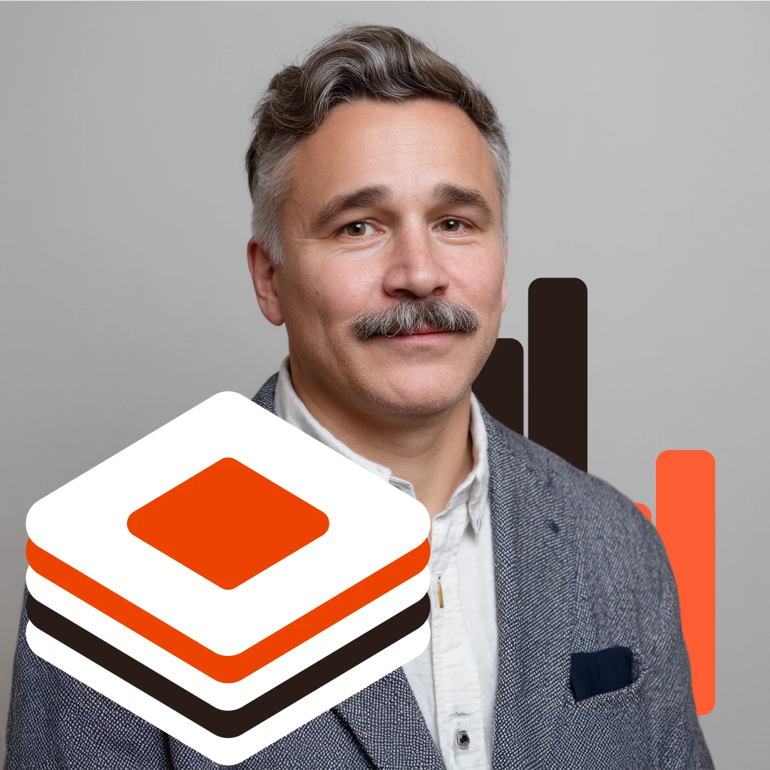 Smiling middle-aged man with a mustache wearing a gray blazer and white shirt, with a layered orange, white, and black graphic overlay and bar chart in the background.