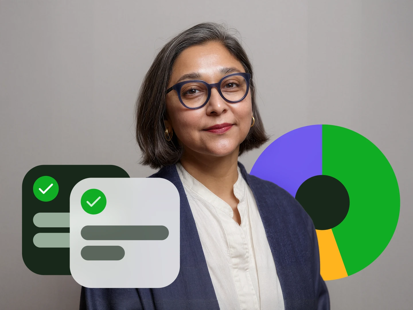 Smiling woman with glasses and short hair wearing a white blouse and dark blazer, with digital graphics of checklists and a pie chart behind her.