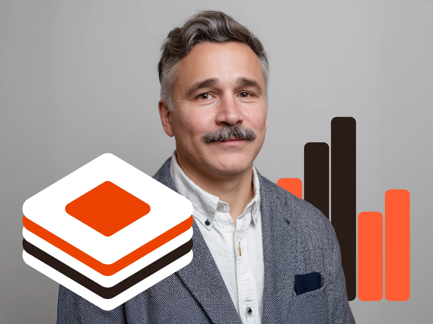 Middle-aged man with gray hair and mustache wearing a gray blazer and white shirt, with layered squares and bar chart graphics in orange, black, and white.