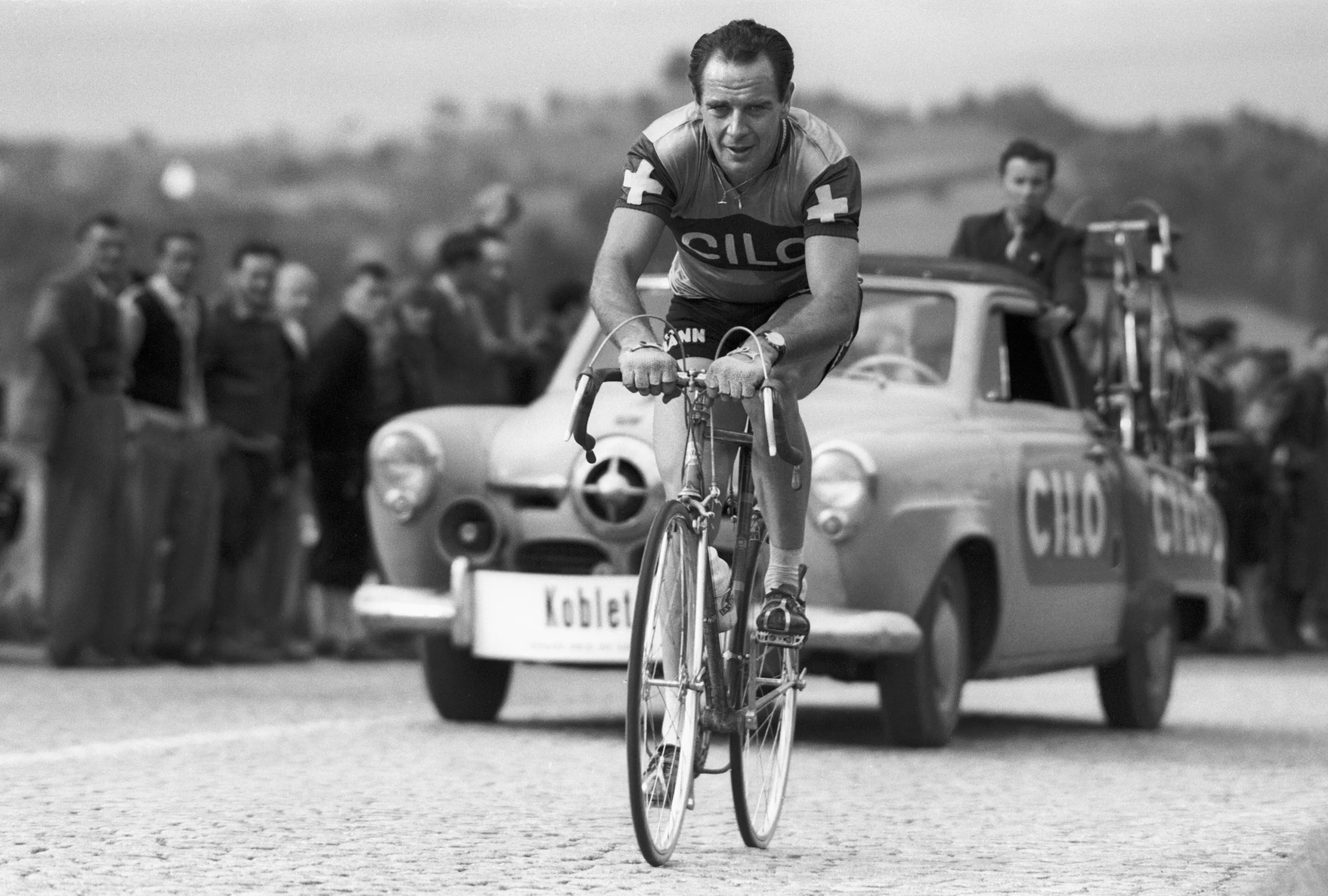 Hugo Koblet riding a CILO road bike