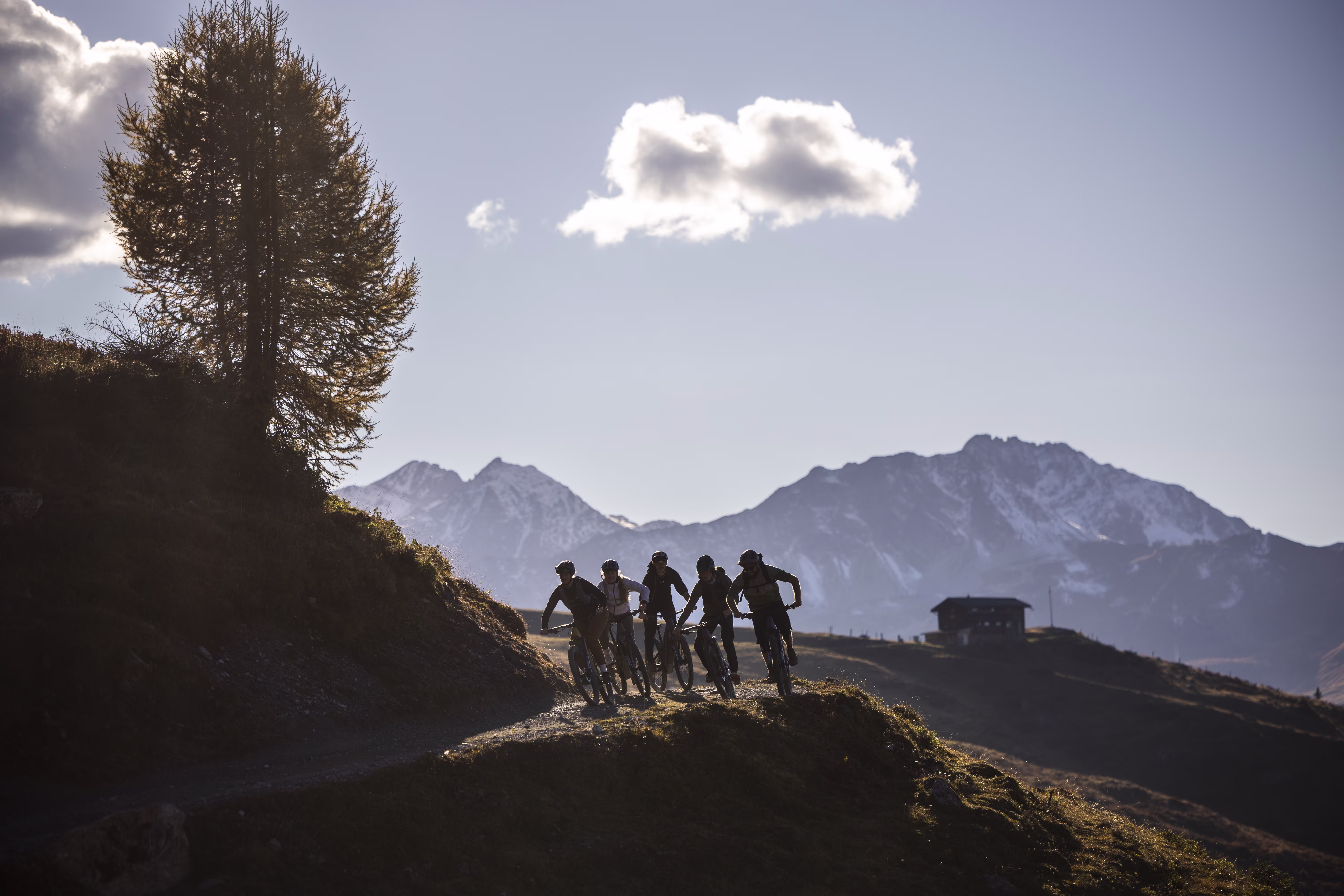 Das Bild zeigt eine Gruppe von Mountainbikern, die gemeinsam über einen Hügel fahren, umgeben von einer sonnigen Berglandschaft mit schneebedeckten Gipfeln im Hintergrund.