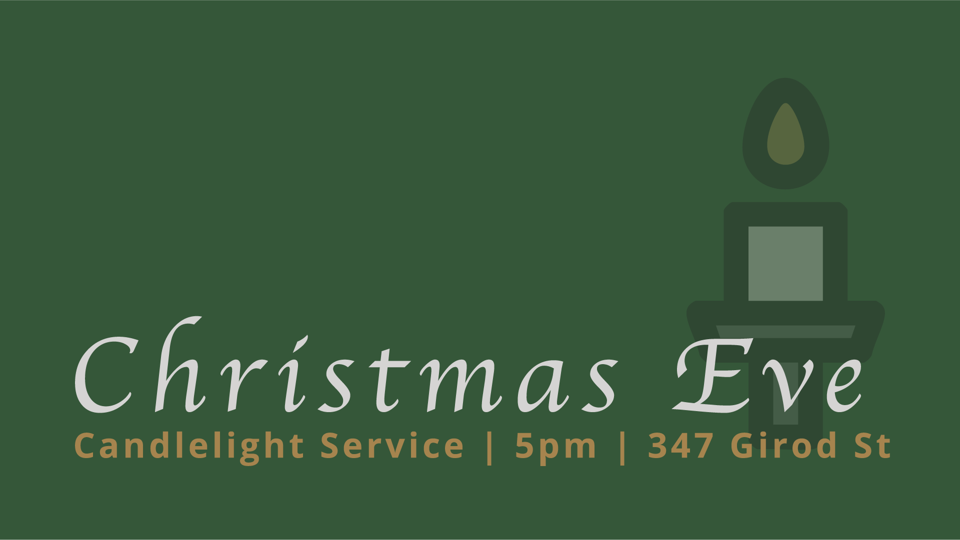 Green graphic with a candle in the background for the Christmas Eve service at Restoration Community Church in Mandeville