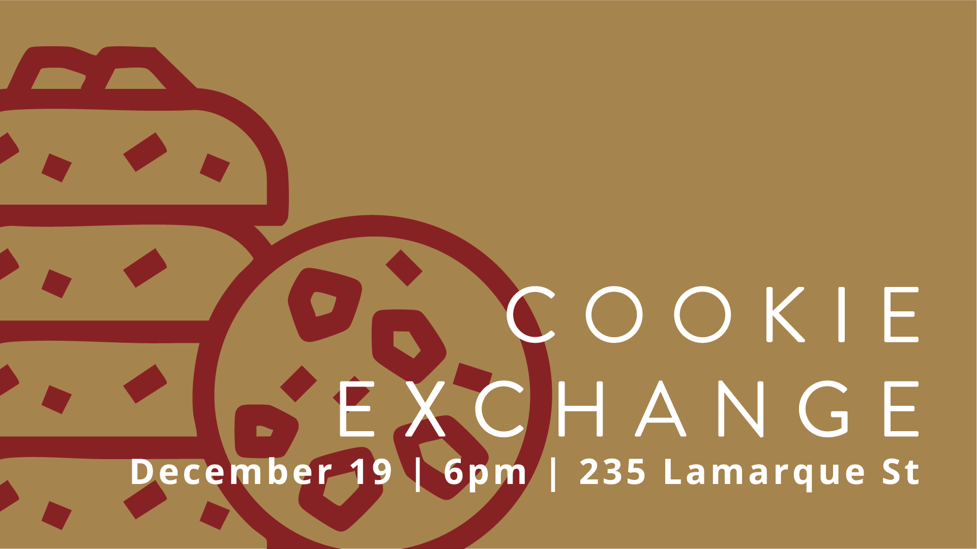 A red icon of stacked cookies on a gold background with details for a "Cookie Exchange" at Restoration Community Church