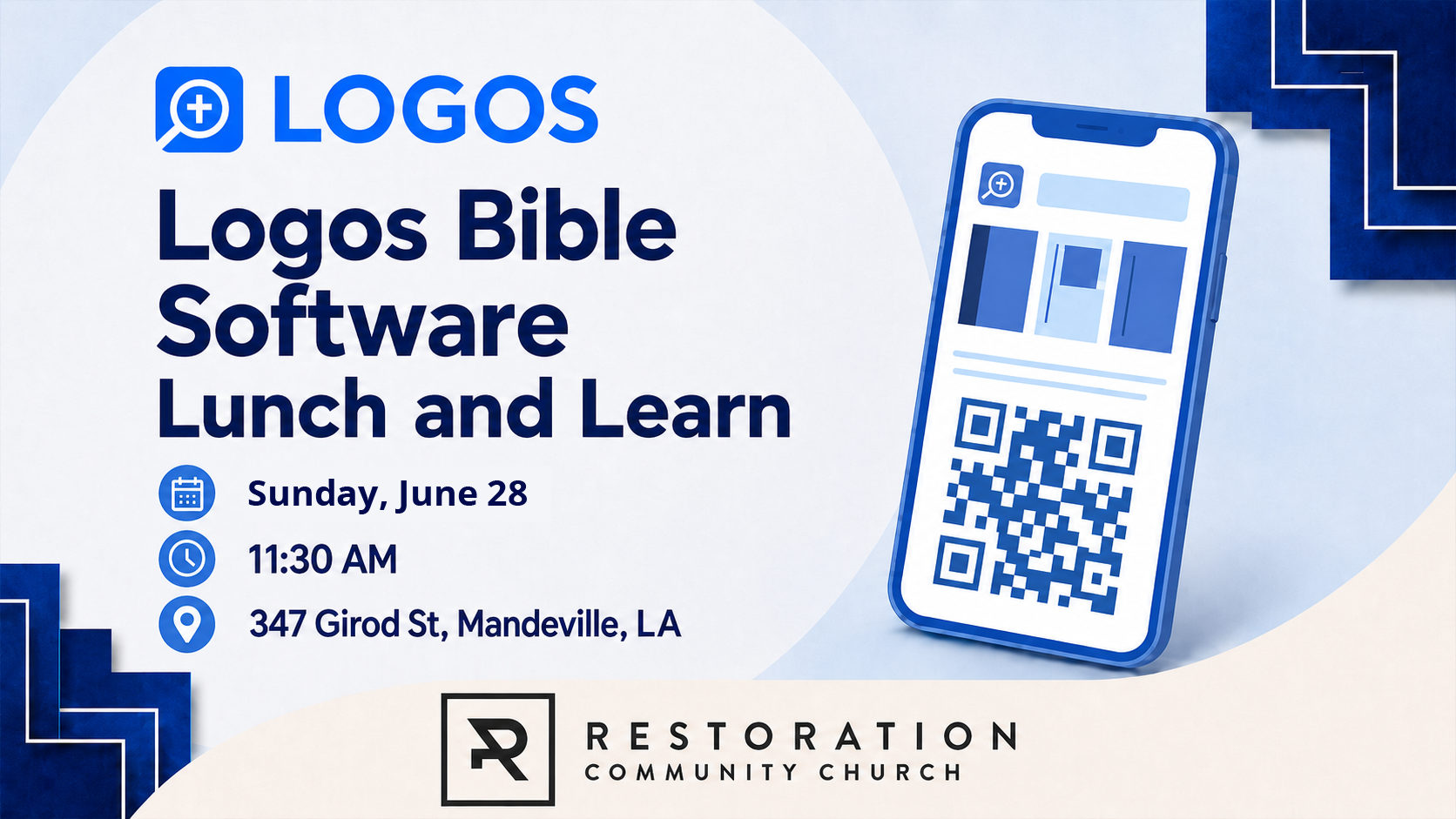 A graphic for the Logos Bible Software Lunch and Learn at Restoration Community Church with details for attending.