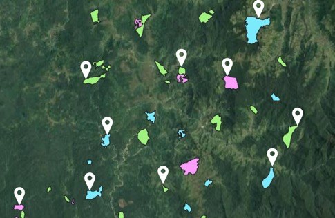 Satellite view of a farming landscape with coloured farm polygons and white sampling pins