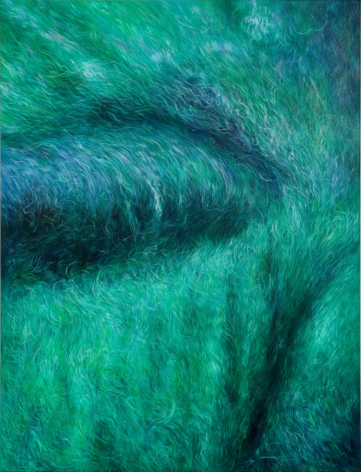 Close-up of Murray Clarke oil painting depicting folded textile in hyperreal detail, shown at Opa Projects Miami in In Three Movements