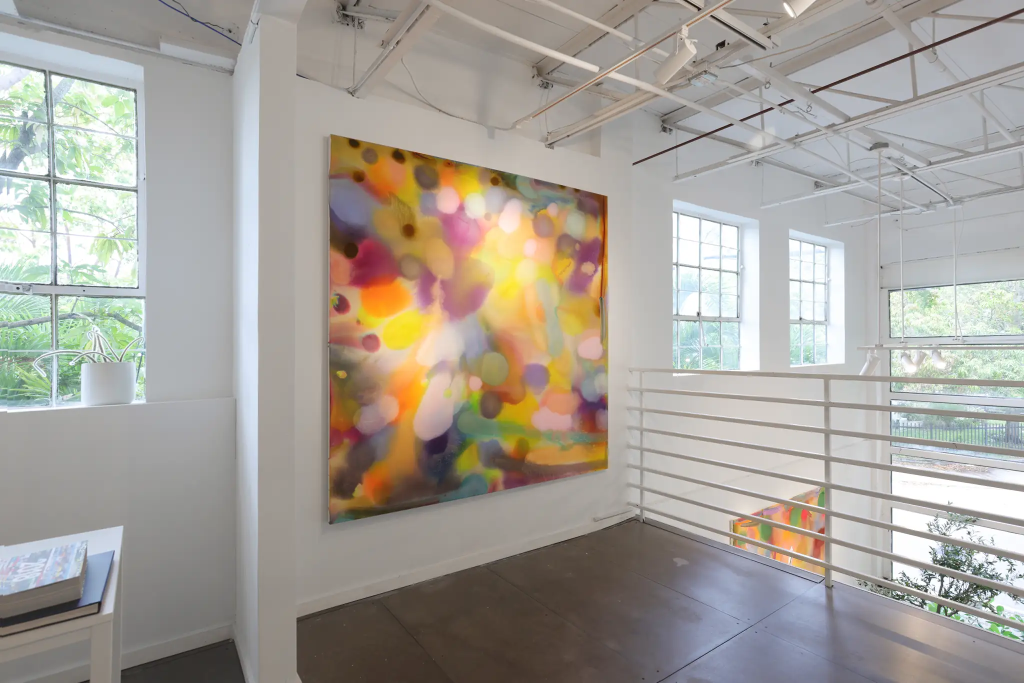 Installation view of Emma Stone Johnson large-scale atmospheric painting installed in gallery space, In Three Movements exhibition at Opa Projects Miami 2026