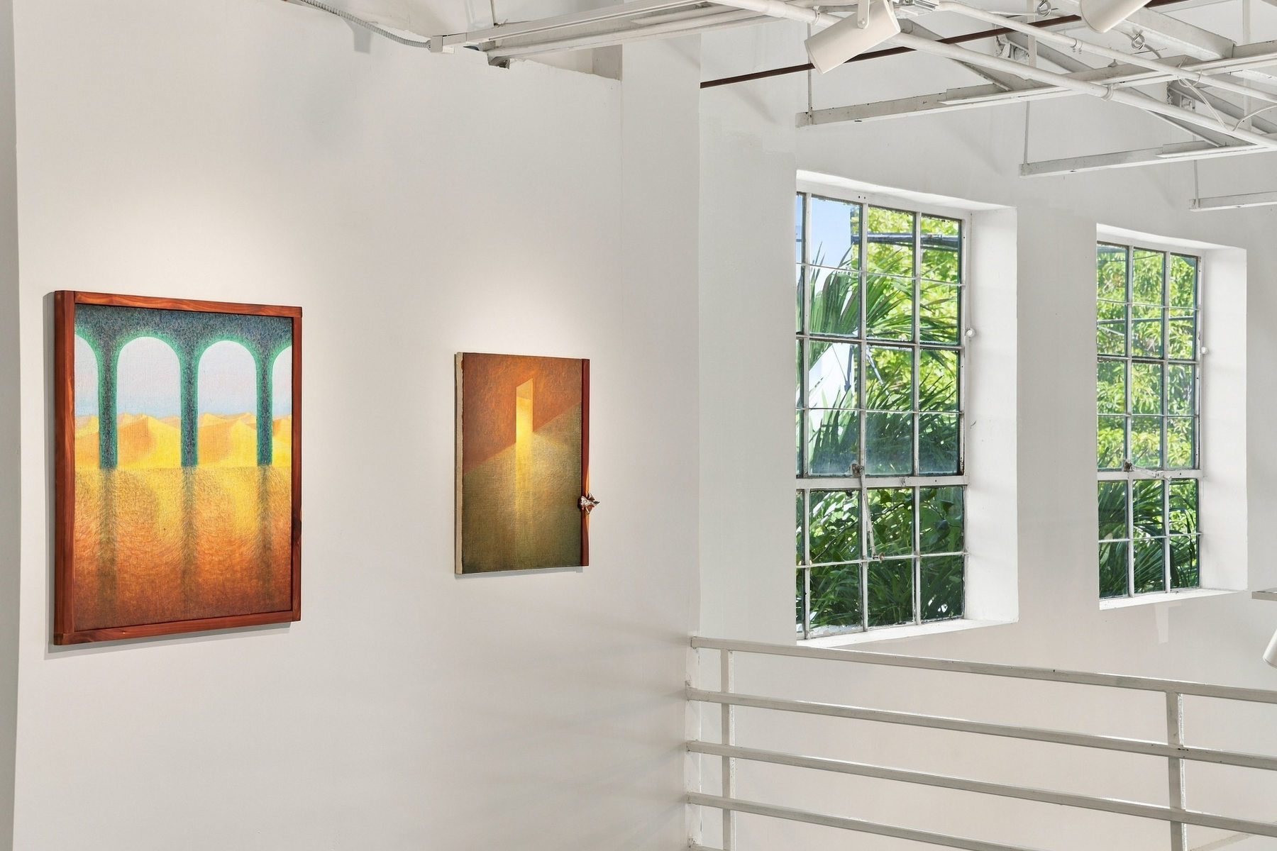 Installation view of Murray Clarke hyperreal fabric paintings hanging in gallery, In Three Movements exhibition at Opa Projects contemporary art gallery Miami