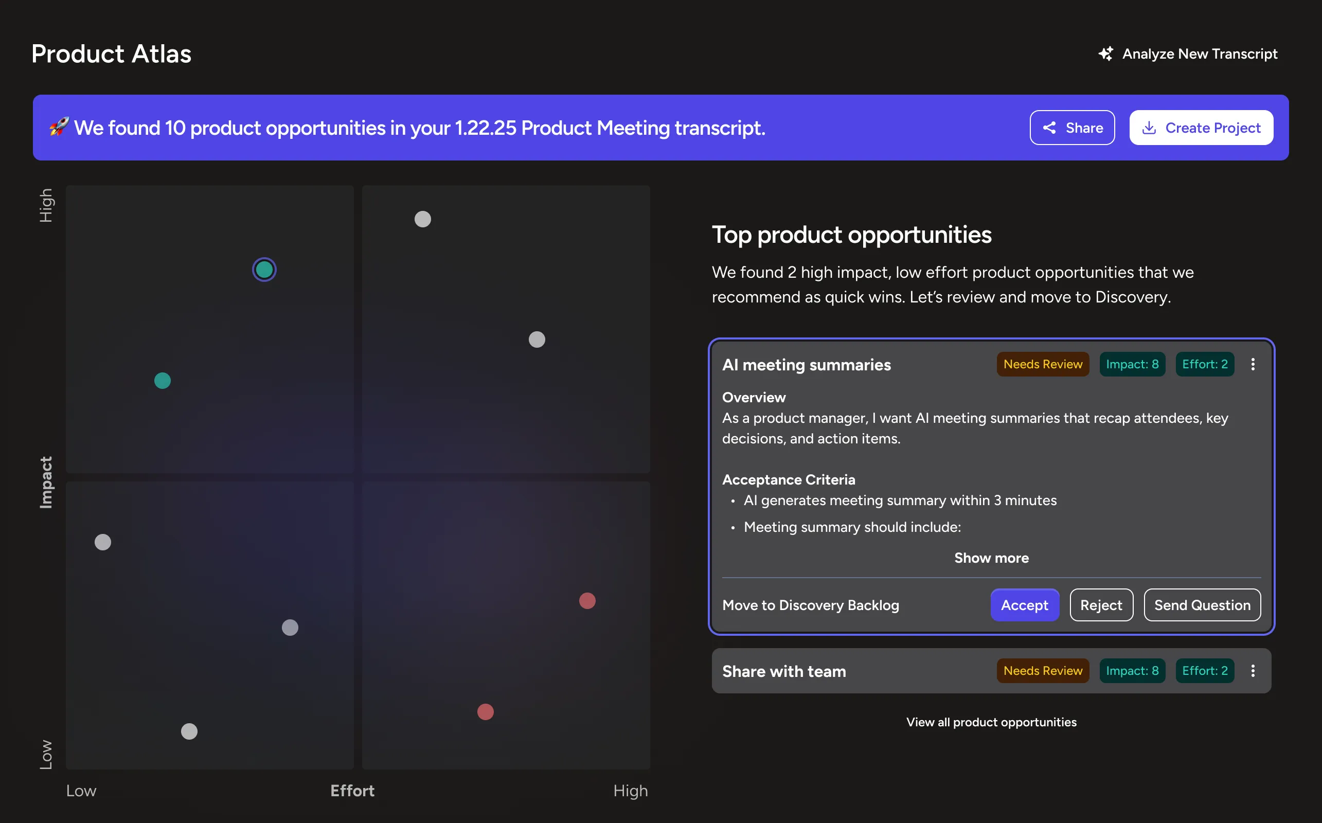 An image of the Product Atlas UI that shows a 2x2 effort and impact matrix, as well as an example of a product opportunity.