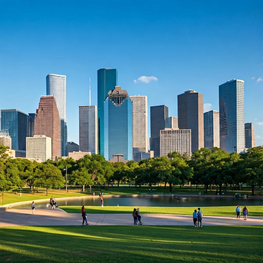 Houston cityscape with people interacting