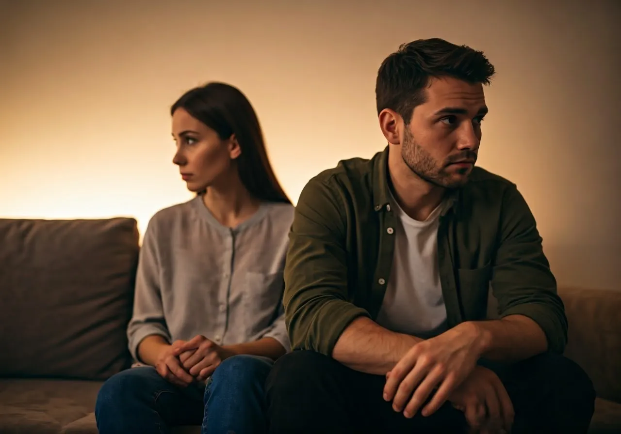 Couple showing disconnection on couch