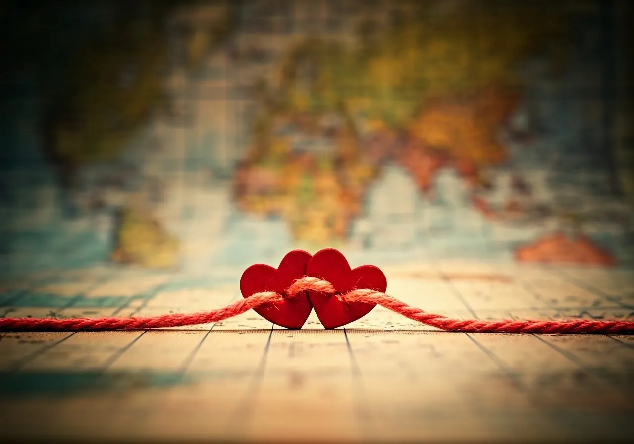 Hearts connected over a map