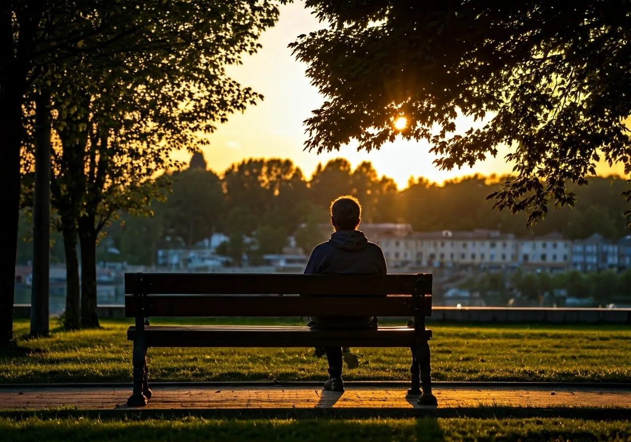 Person alone on bench at sunset