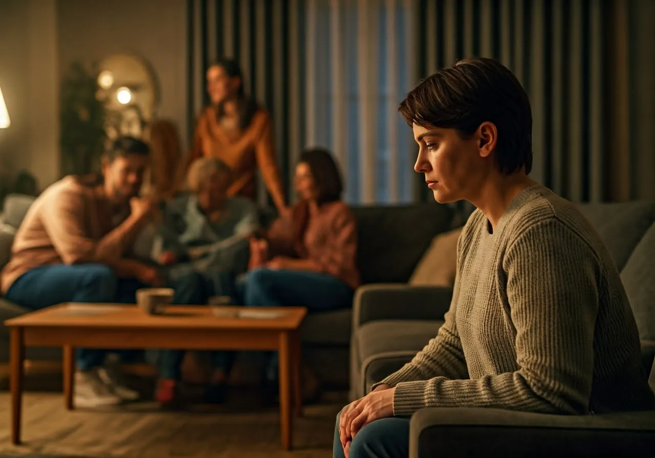 Person feeling lonely among family.