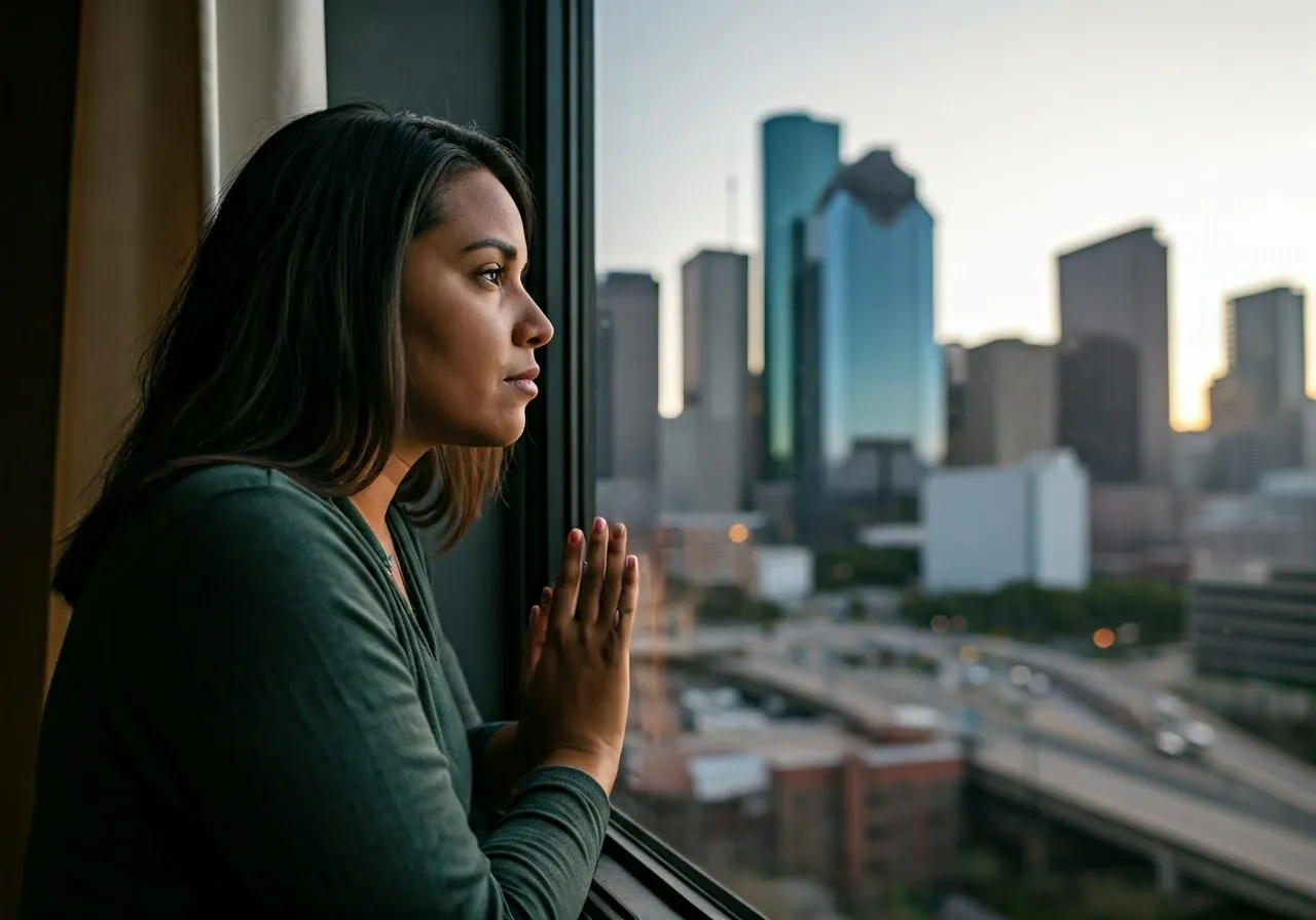 Single mother gazing out window