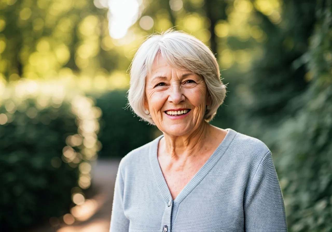 Smiling elderly woman in park