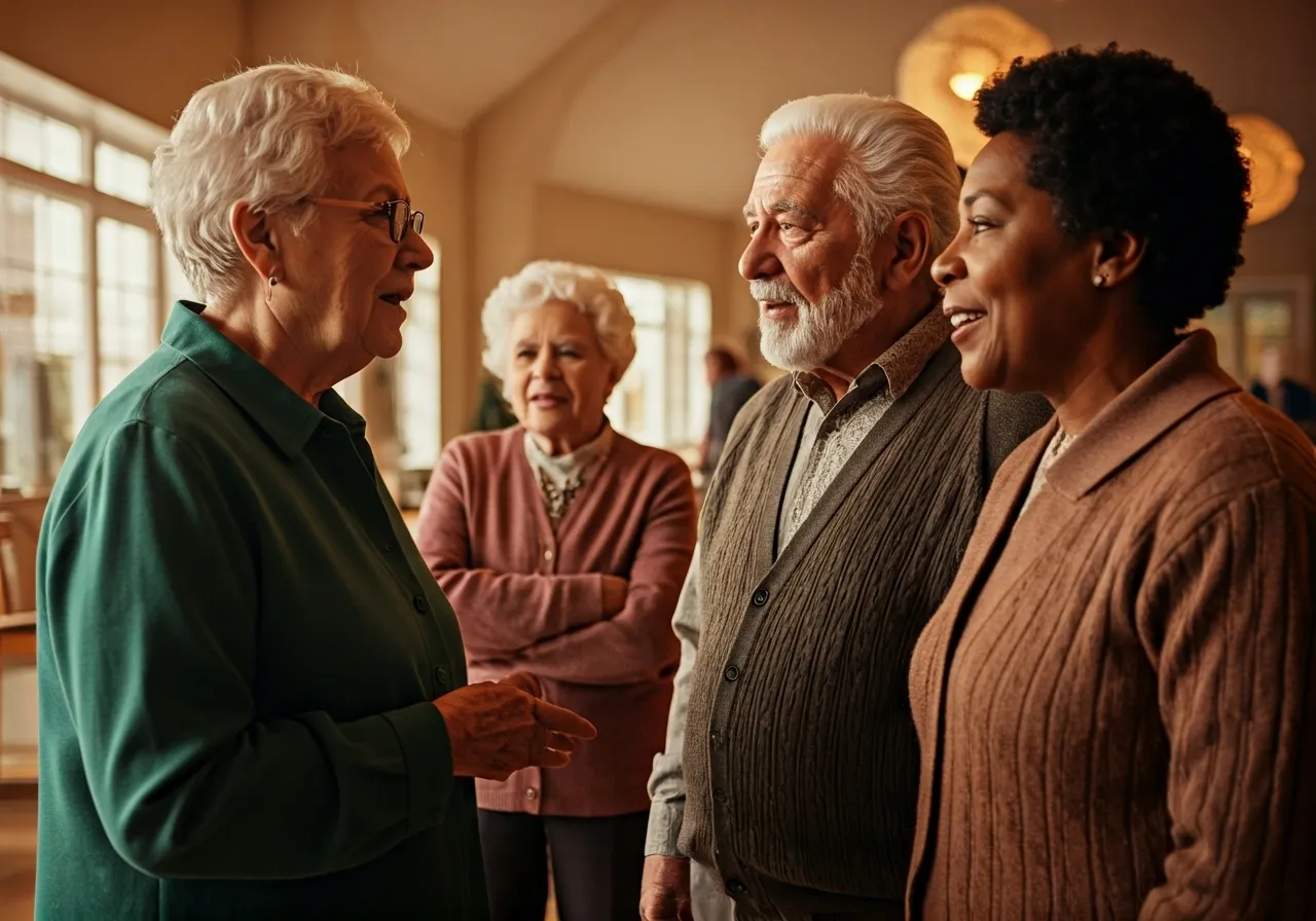 Diverse elderly group talking