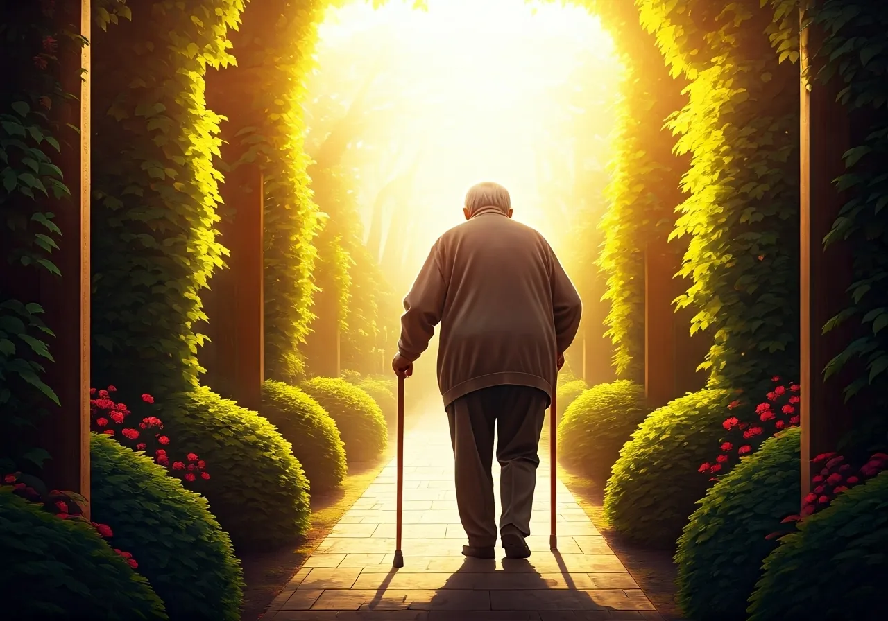 Senior with cane in garden