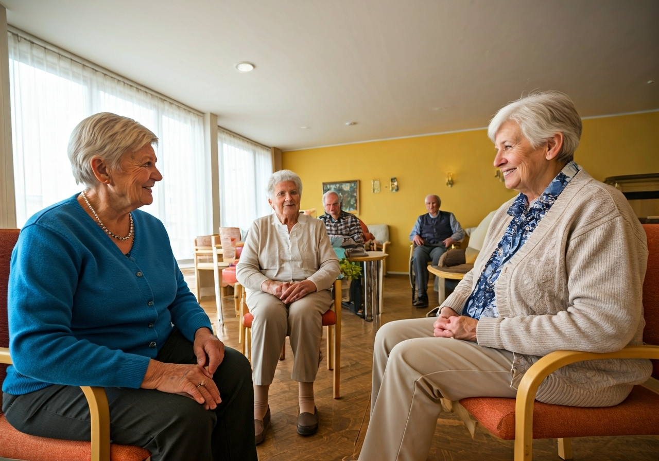 Seniors talking at a care facility
