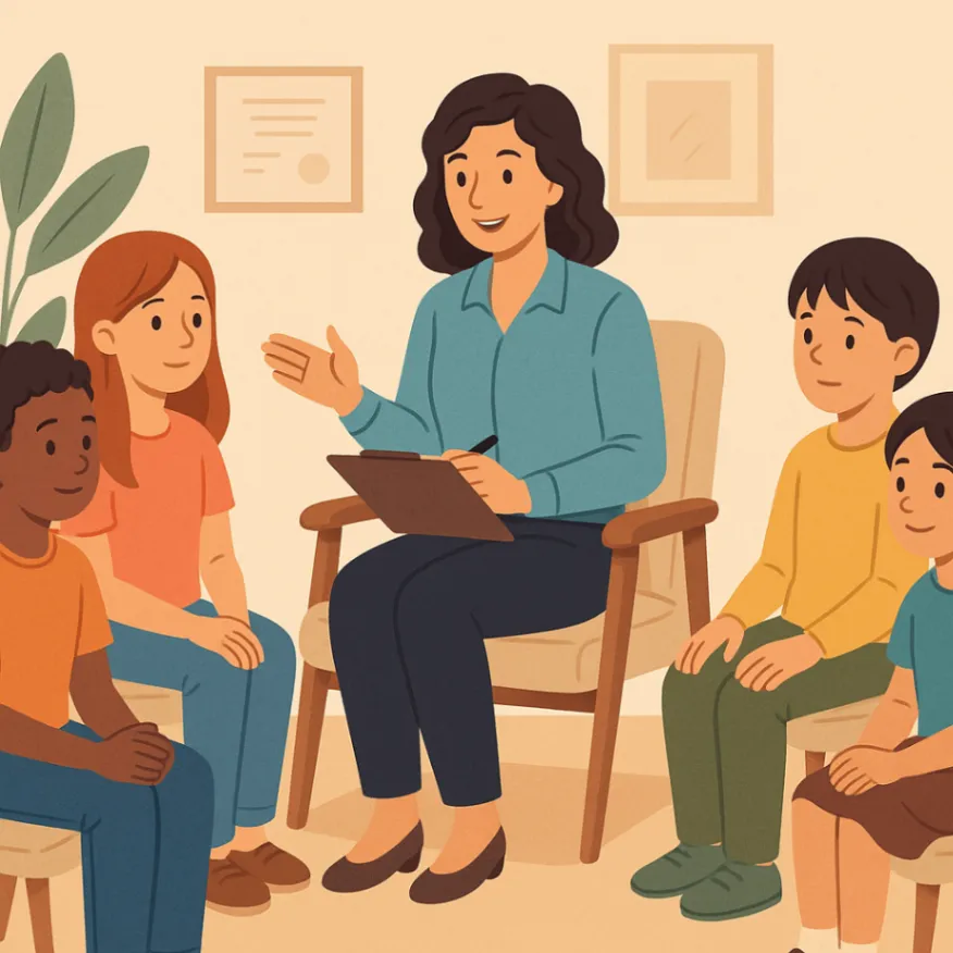 Teens and children with counselor