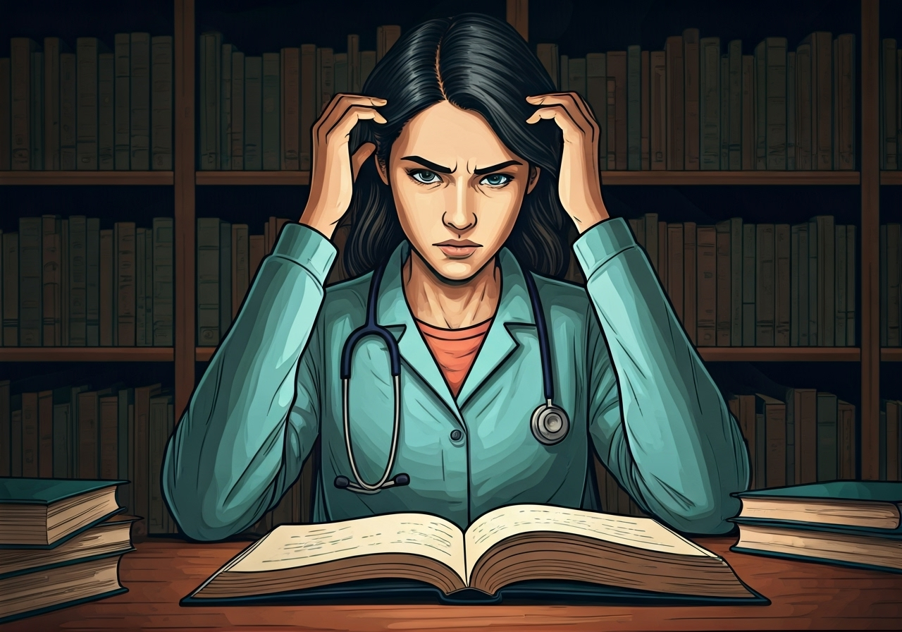student struggling library