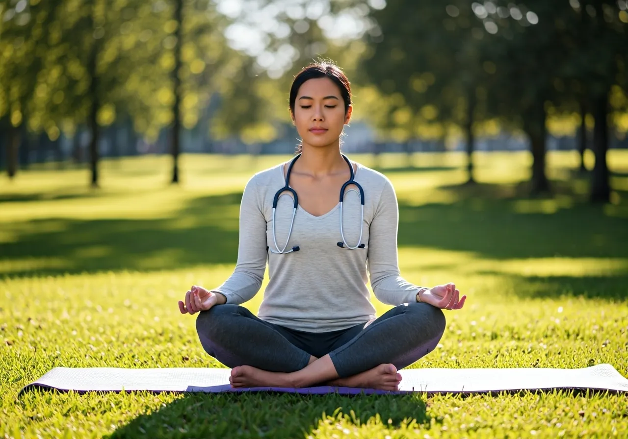 student meditating in park