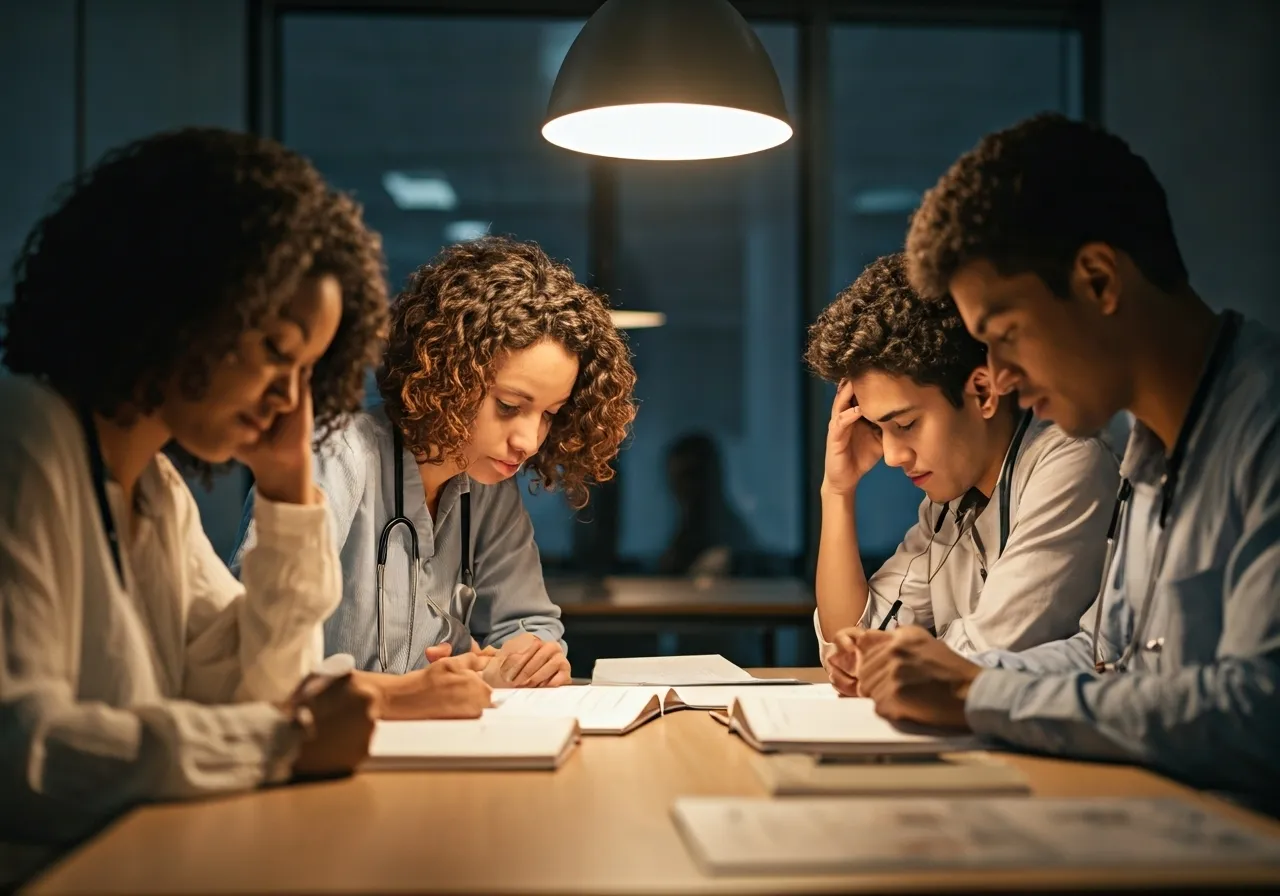 Stressed medical students studying