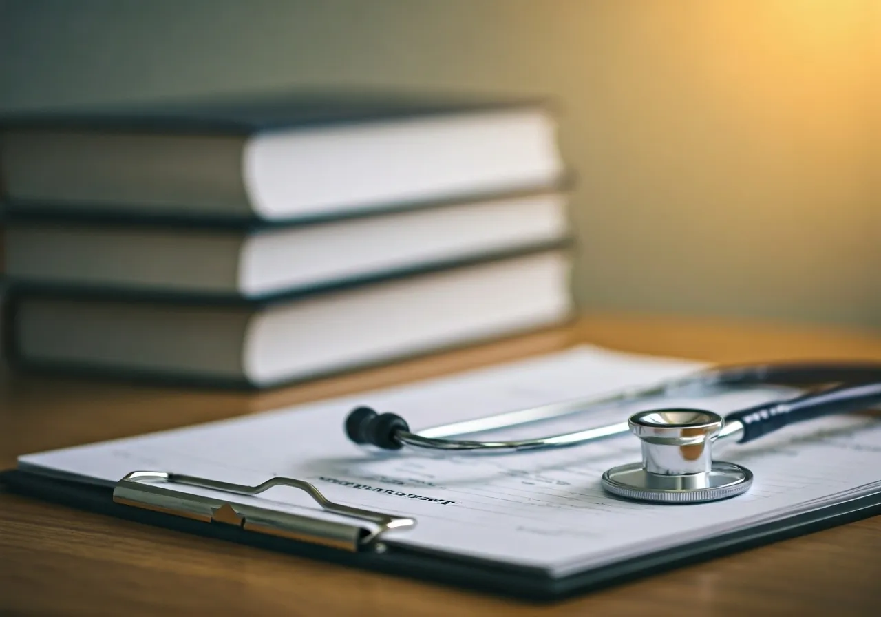 Cluttered medical student desk