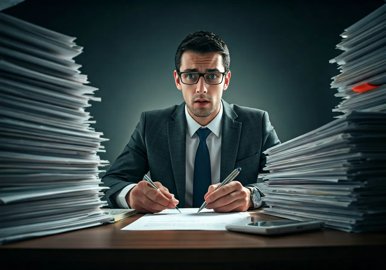 Stressed worker with heavy workload
