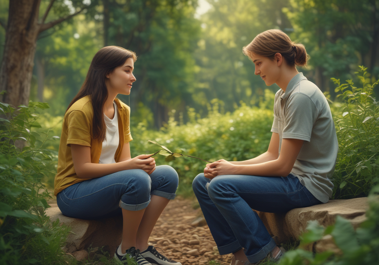 Parent and teen talking outdoors