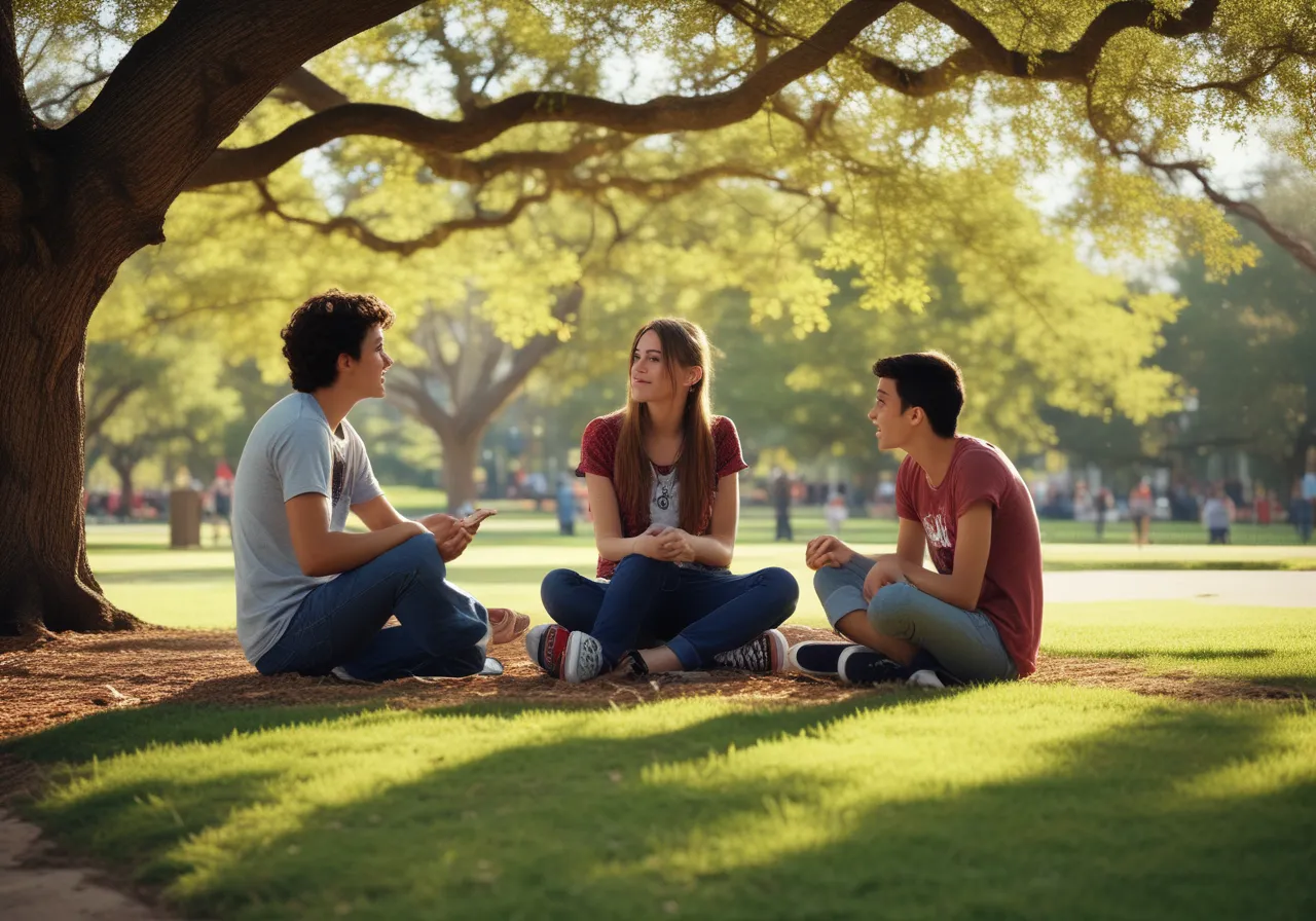 Teens talking in Houston park