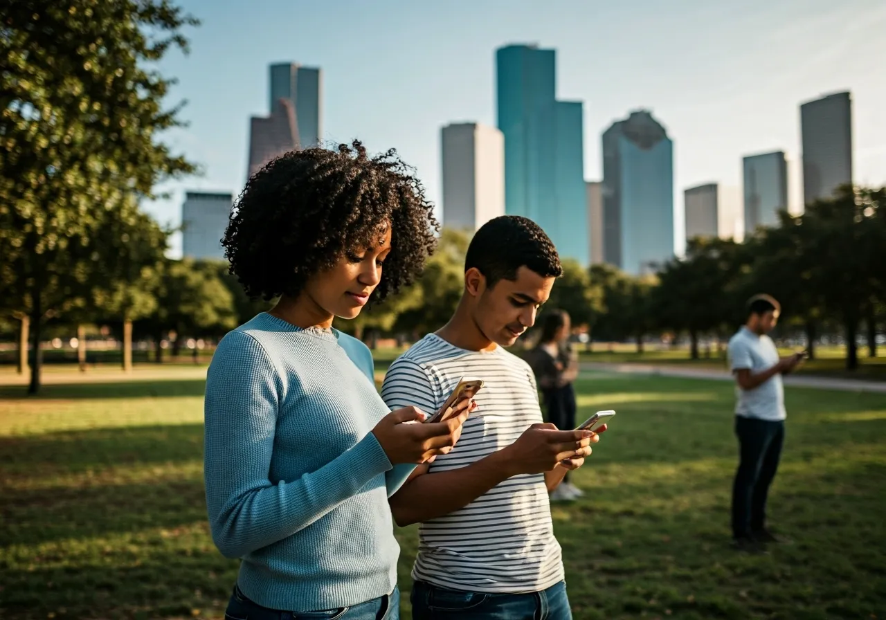 People using phones in Houston park