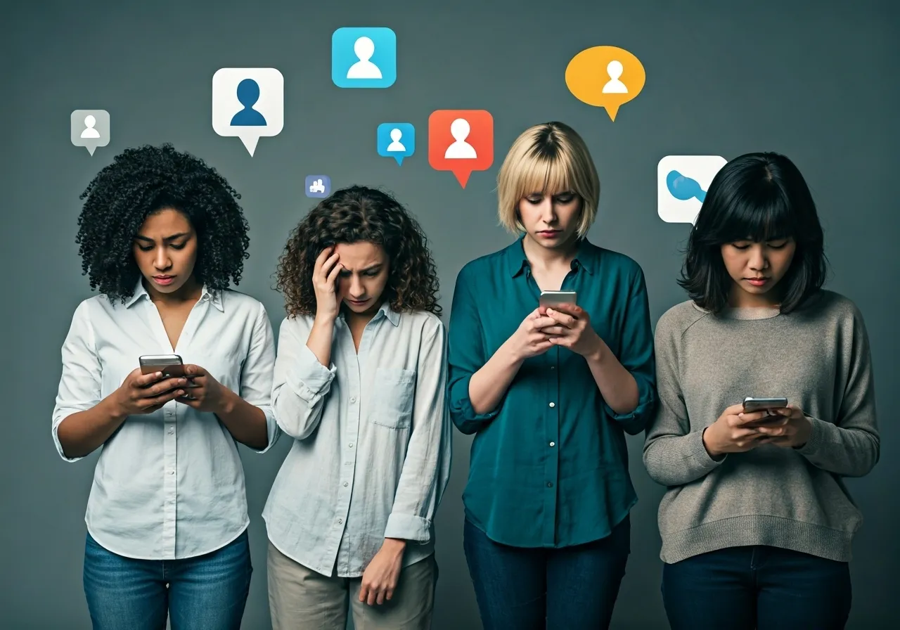 Group using phones with worry