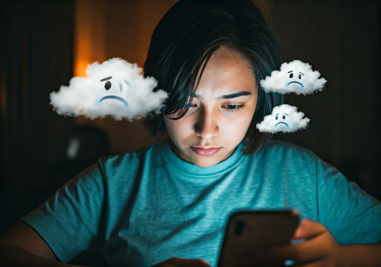 Anxious youth scrolling phone