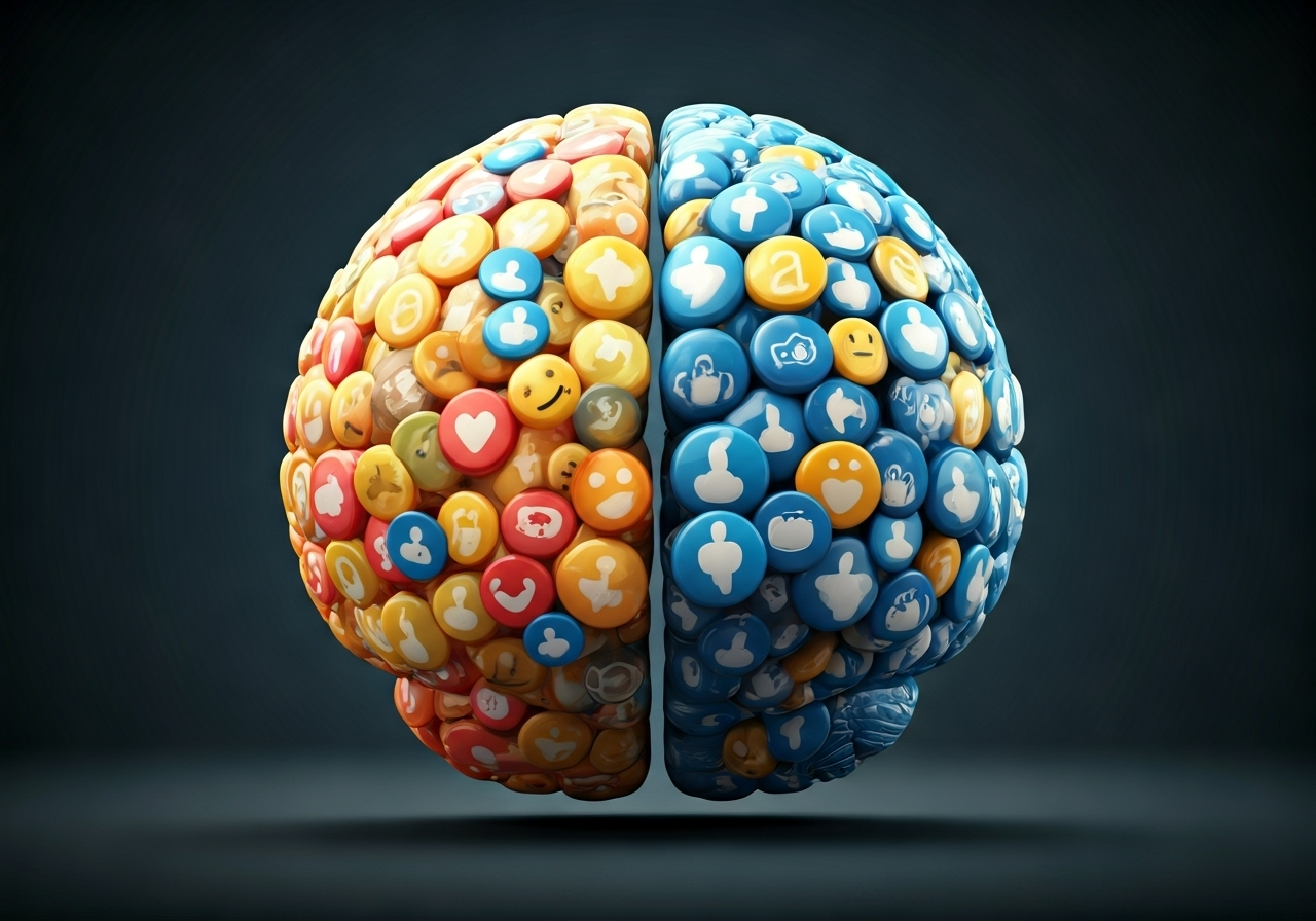 Brain split by social media icons
